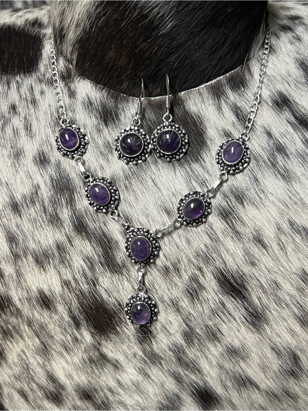 Sterling silver  Amethyst lariat Necklace & Earring